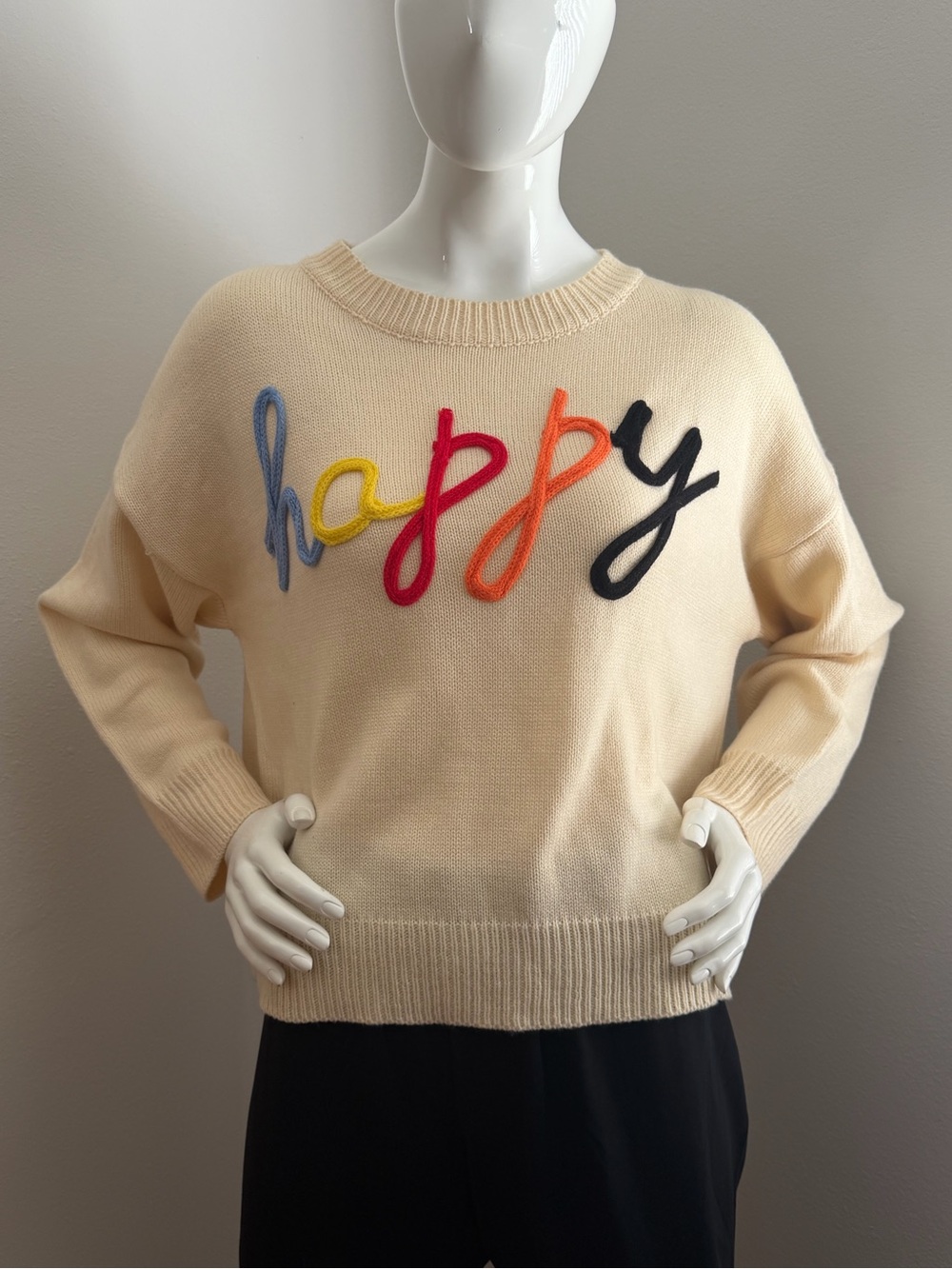 Happy Embroidered Cream Women's Sweater